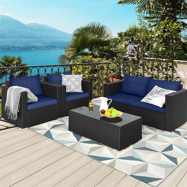 Black 4-Piece Wicker Patio Conversation Set with Blue Cushions
