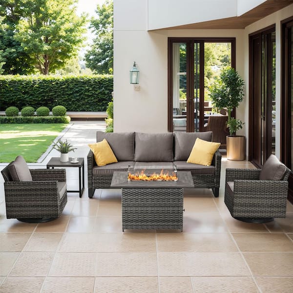 Gymojoy Valenta 5-Piece Wicker Outdoor Conversation Swivel Chair Set Patio Fire Pit Seating Sofa Set with Gray Cushions