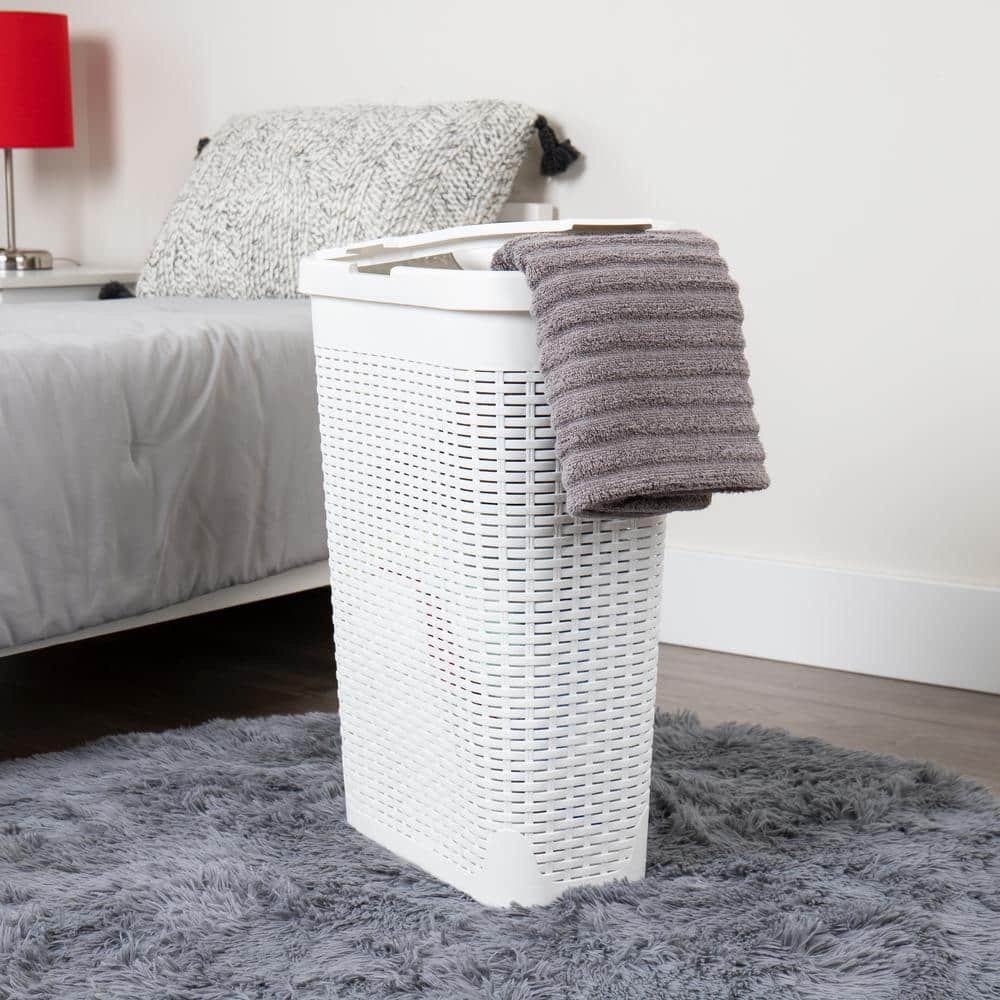 White Slim Rectangular Wicker Laundry Hamper with Lid