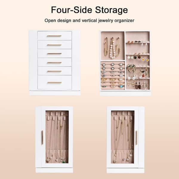 White PU leather 360° rotating jewelry box with 6 drawers and