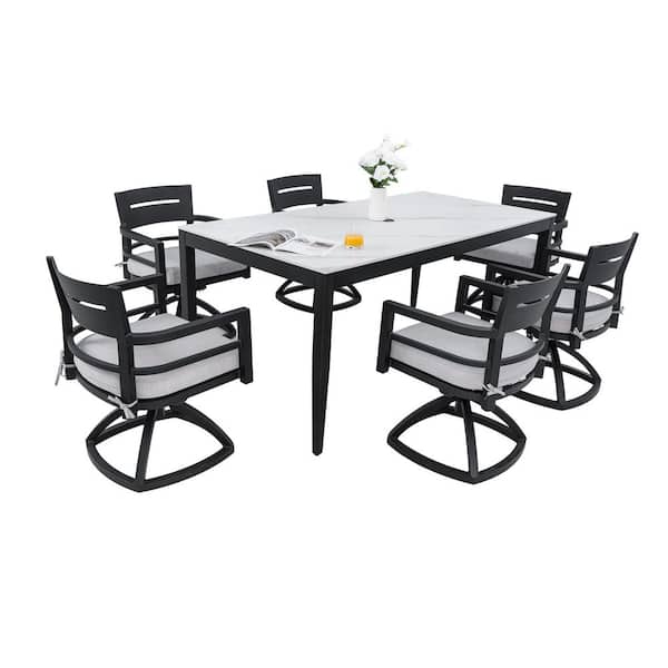 35.5 in. x 71 in. 7 Piece Aluminum Outdoor Dining Set Table Greek White Marble-Look Stone Top 6 Swivel Rockers Cushions