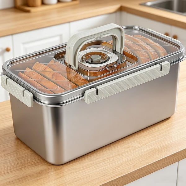 1-Piece 304 Stainless Steel Bread Container, Dishwasher Safe, Time Recording Bread Box with Airtight Lid and Handle