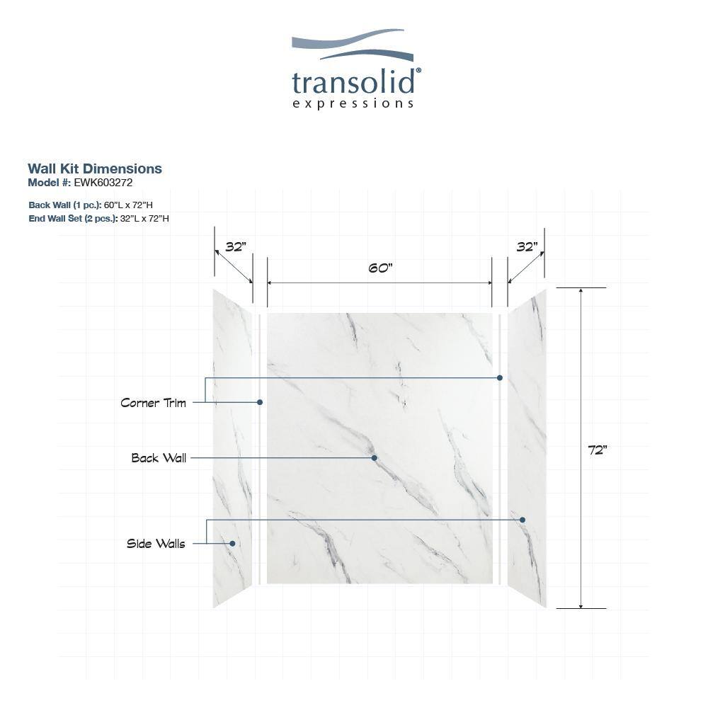 Bianca White Solid Surface 3-Piece Shower Wall Kit, 36" x 60" x 72"