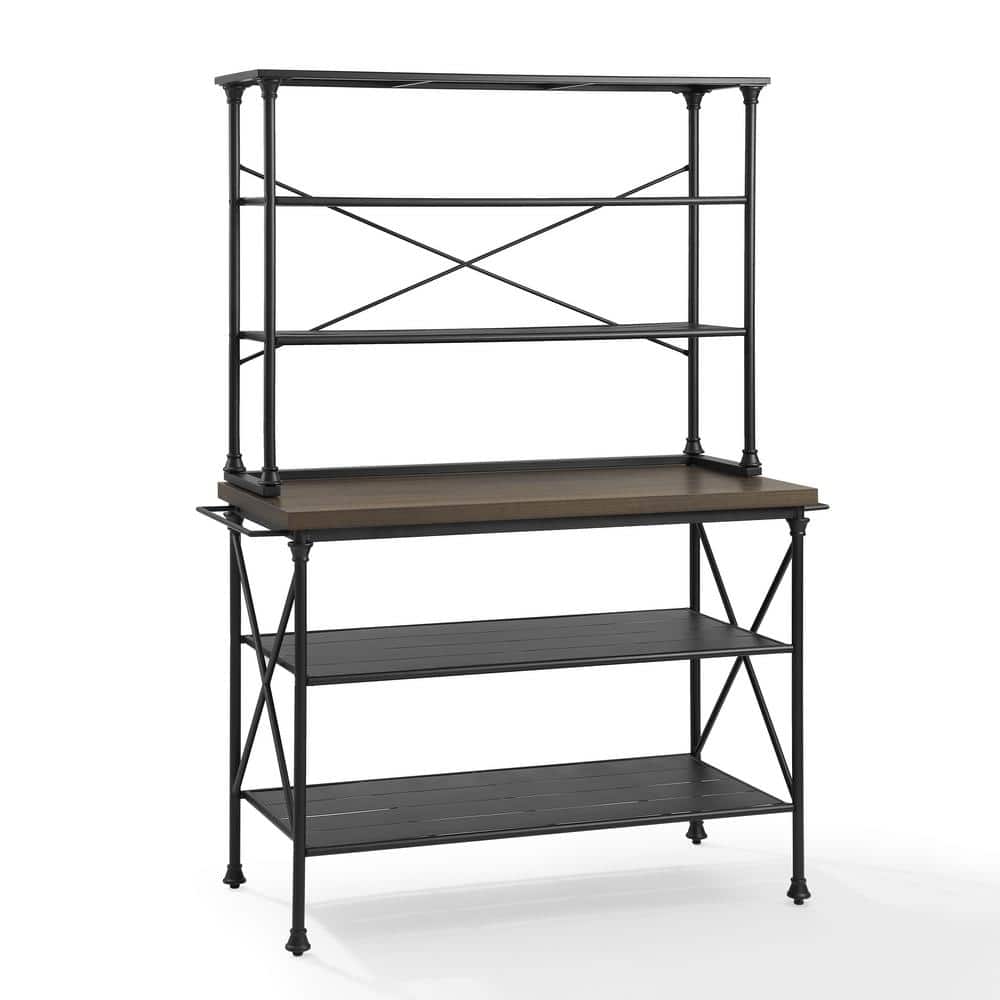 Elegant Madeleine Matte Black Kitchen Island with Faux Marble Top and Hutch