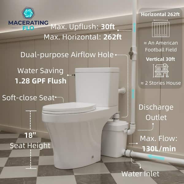600-Watt Macerating Toilet System, 18 in. White Elongated Upflush Toilet with 1.28 GPF Single Flush, 2-Extension Pipes