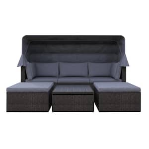 4-Piece Wicker Outdoor Day Bed with Gray Cushions