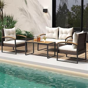 Elegance Series 4-Piece Wicker Patio Conversation Set with Off White Cushions