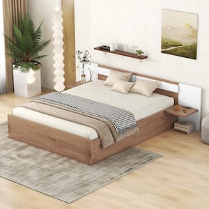 Natural Wood Brown Frame Queen Size Platform Bed with Headboard, 2-Shelves, USB Ports and Sockets