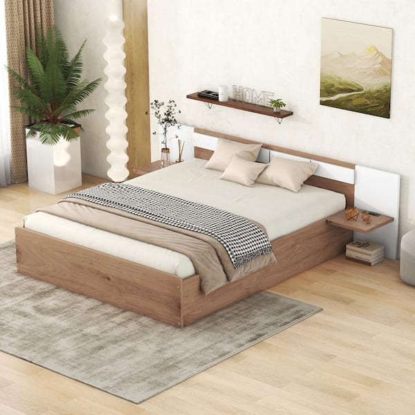 Harper & Bright Designs Natural Wood Brown Frame Queen Size Platform Bed with Headboard, 2-Shelves, USB Ports and Sockets