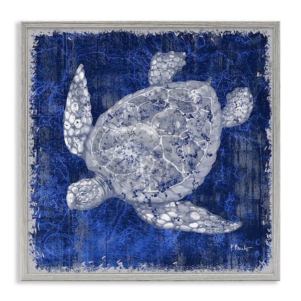 Stupell Industries Rustic Indigo Turtle by Paul Brent Gray Framed Coastal Giclee Art Print 12 in. x 12 in.