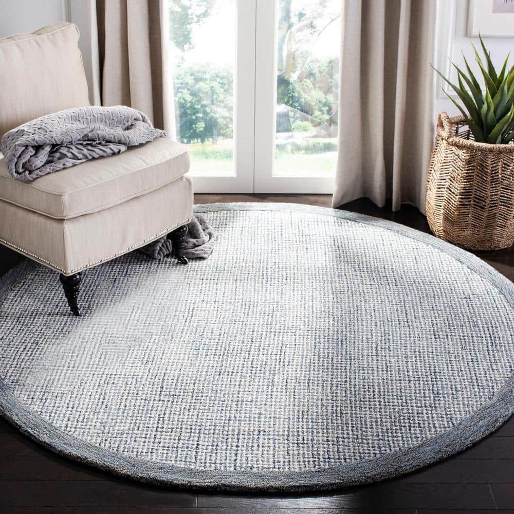 Navy and Ivory Abstract Handmade Wool Round Rug, 6' x 6'
