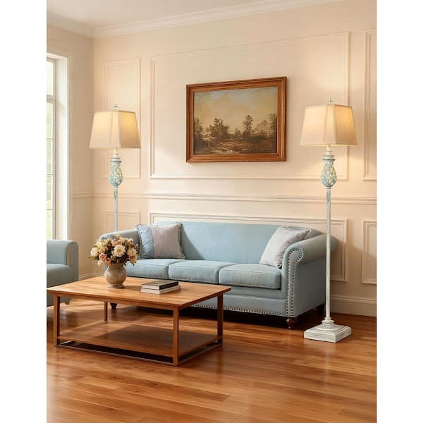 64 in. Wash Blue Vintage Tree Floor Lamp with Nightlight, Rustic Farmhouse Standing Lamp with Rotary Switch