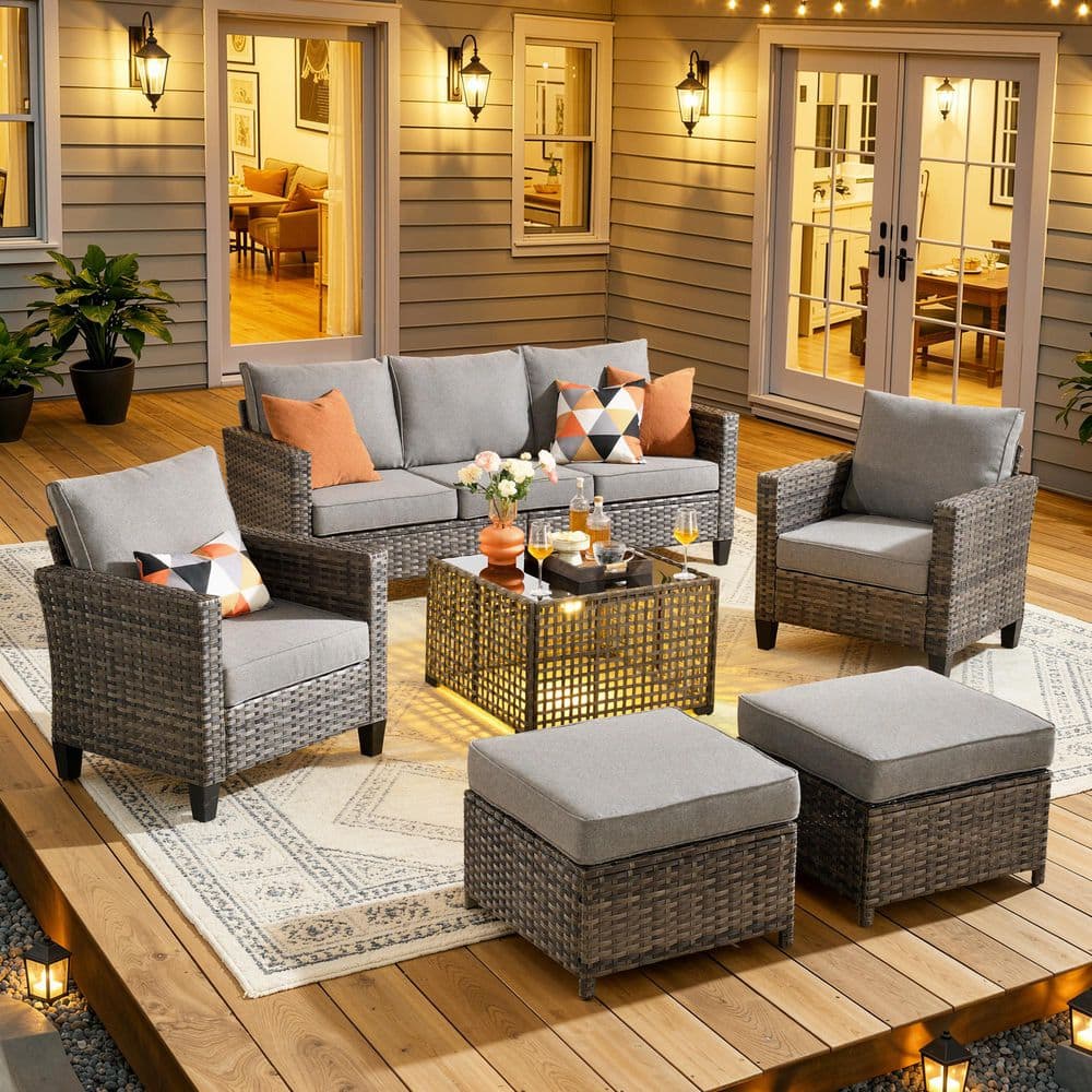 Positano Gray 6-Piece Wicker Patio Conversation Set with Black Cushions and Solar LED Coffee Table price history on PriceWatchPro