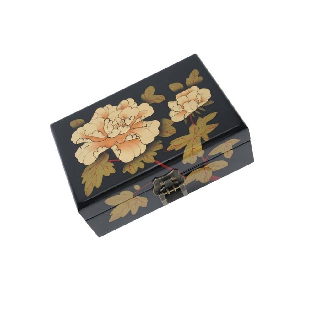 Black Wood Jewelry Box with Multi-Layer Compartments and Built-in