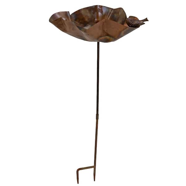 Sunnydaze Staked Metal Bird Bath with Bird Figurine-Copper-34 in.