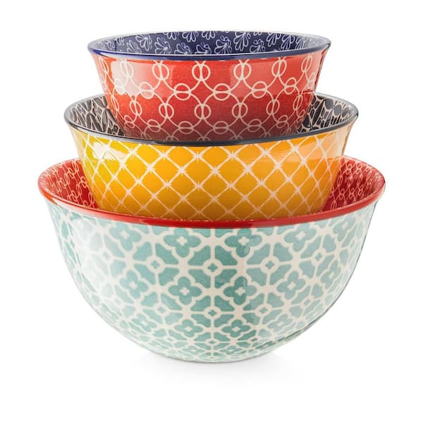 Art Decor 3-Piece Ceramic Multicolor Mixing Bowl Set with Stackable Design and Oven Microwave Safe for Cooking, Baking