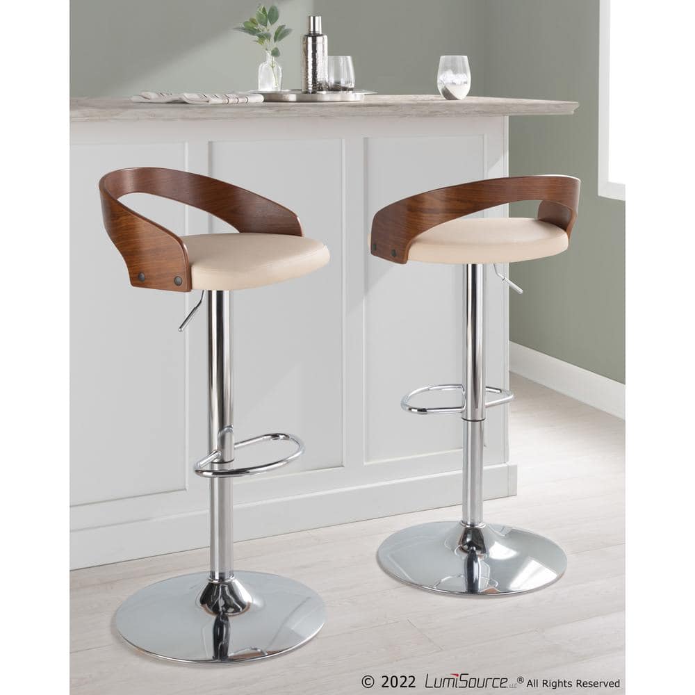 Cream Faux Leather Adjustable Swivel Barstool with Chrome and Walnut