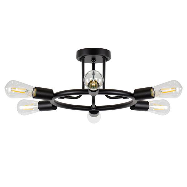 Briignite 18.31 in. 6-Light Black Industrial Sputnik Semi-Flush Mount Ceiling Light, Wagon Wheel Chandelier for Hallway