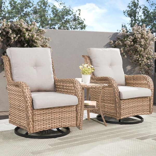 ArcoBay 3-Piece Yellow Wicker Swivel Outdoor Rocking Chairs Patio Conversation Set with Olefin Beige Cushions