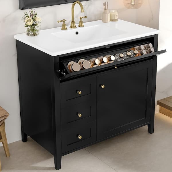 36 in. Single Sink Freestanding Black Bath Vanity with White Ceramic Top, 4-Drawers, Door Racks, Adjustable Shelf