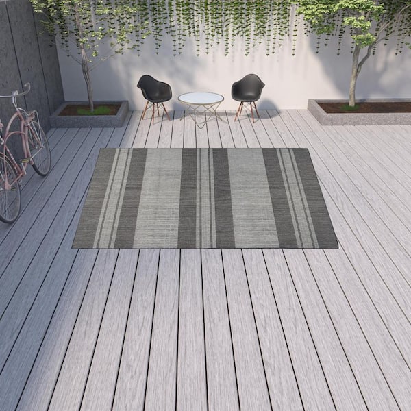 Blue, Gray 9 ft. x 12 ft. Loomed Striped Polypropylene Rectangle Indoor/Outdoor Area Rug