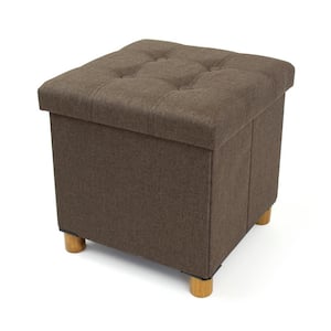 Brown Collapsible Cube Storage Ottoman Foot Stool with Tray