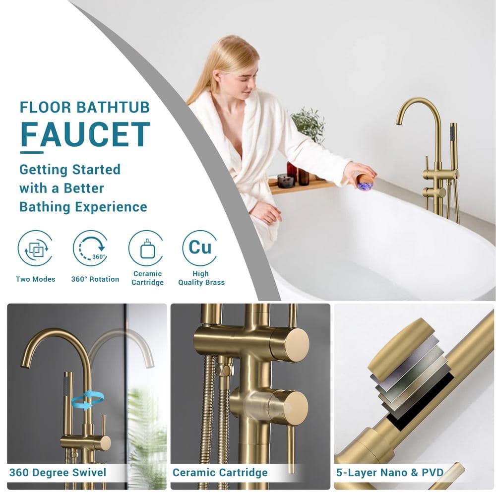 Brushed Gold Freestanding Tub Faucet with Hand Shower