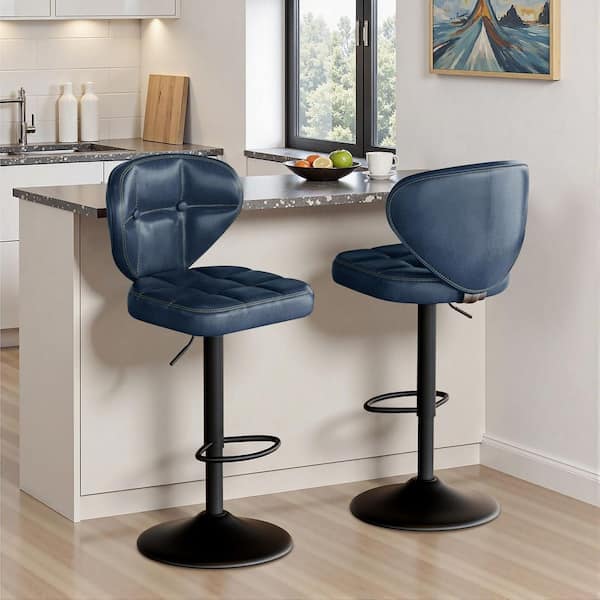 39.76 in. H Mid-century Blue Faux Leather High Back Metal Base Bar Stool with Swivel and Height Adjustable Seat Set of 2