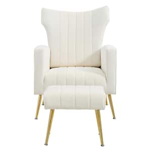29.9 in. White Velvet Armchair, Wingback Reading Chair with Gold Metal Legs For Living Room Bedroom Bring a Footstool