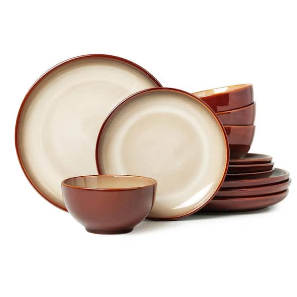 12-Piece Modern Brown Yellow Stoneware Dinnerware Set (Service for 4), Reactive Glaze Plates and Bowls Sets