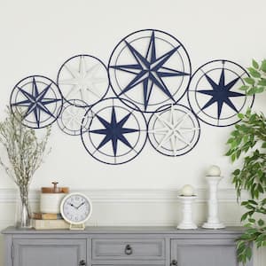48 in.x  26 in. Metal Blue Indoor Outdoor Cutout Compass Star Wall Decor w/Overlapping Circular Frames and White Accents