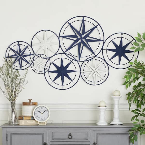 Litton Lane 48 in.x  26 in. Metal Blue Indoor Outdoor Cutout Compass Star Wall Decor w/Overlapping Circular Frames and White Accents