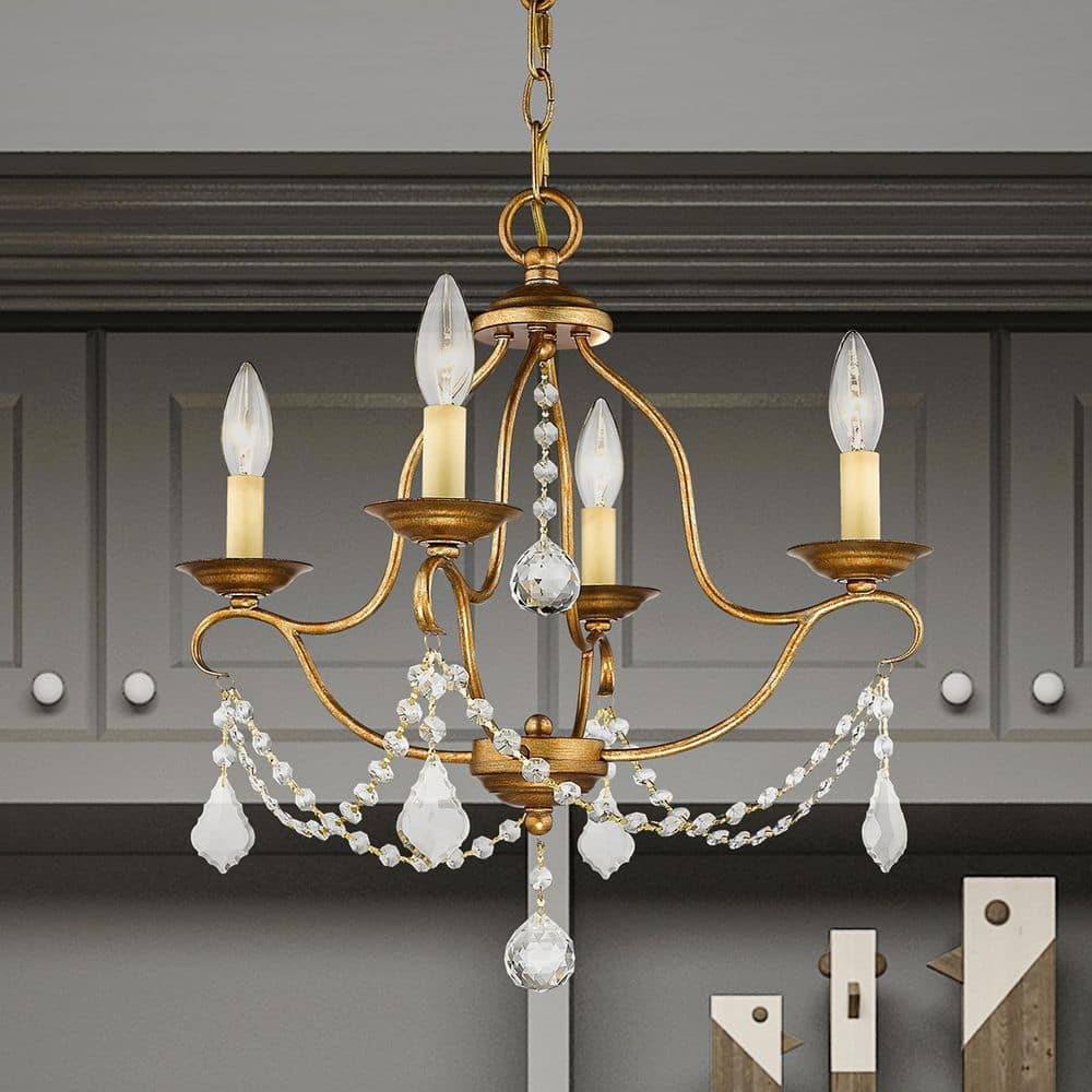 Antique Gold Leaf Brass Mini 4-Light Chandelier with Crystal Accents