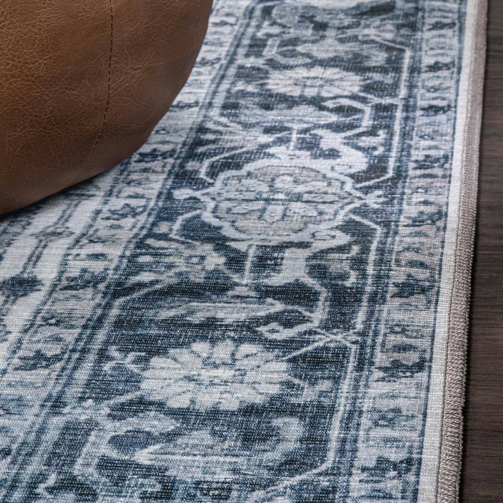 Blue and Cream Medallion Washable Synthetic Area Rug 8' x 10'