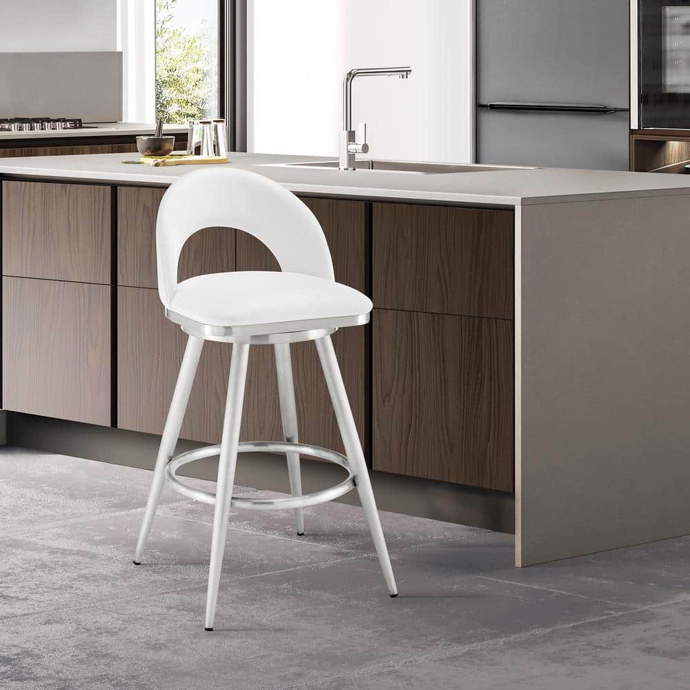 Charlotte 26 in. White Low Back Metal Counter Stool with Faux Leather Seat