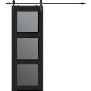 Vona 3-Lite 28 in. x 96 in. 3-Lite Frosted Glass Black Matte Wood Composite Sliding Barn Door with Hardware Kit