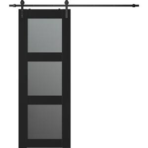 Vona 3-Lite 24 in. x 84 in. 3-Lite Frosted Glass Black Matte Wood Composite Sliding Barn Door with Hardware Kit