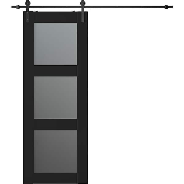 Vona 3-Lite 36 in. x 84 in. 3-Lite Frosted Glass Black Matte Wood Composite Sliding Barn Door with Hardware Kit