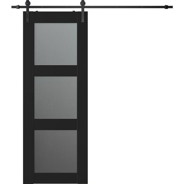 Vona 3-Lite 30 in. x 96 in. 3-Lite Frosted Glass Black Matte Wood Composite Sliding Barn Door with Hardware Kit