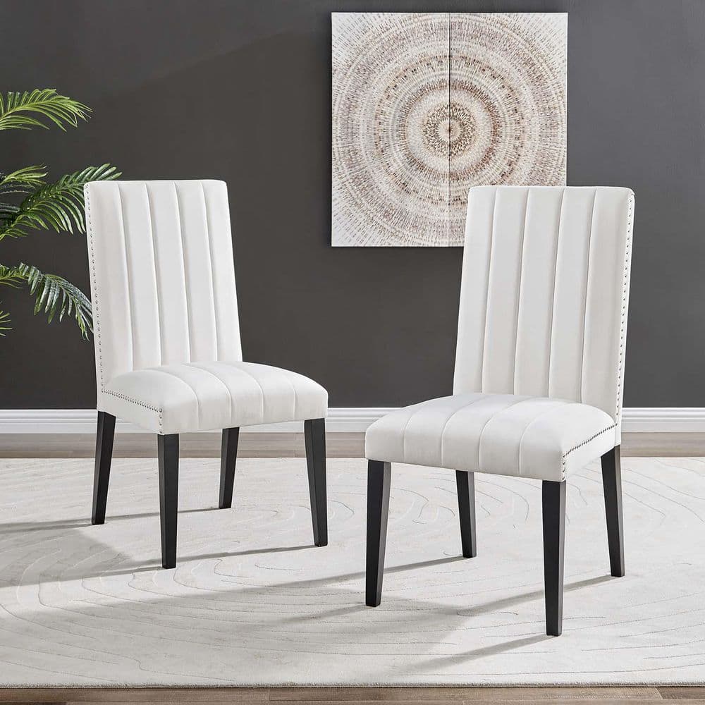 White Velvet Upholstered Parsons Side Chair Set with Wood Legs