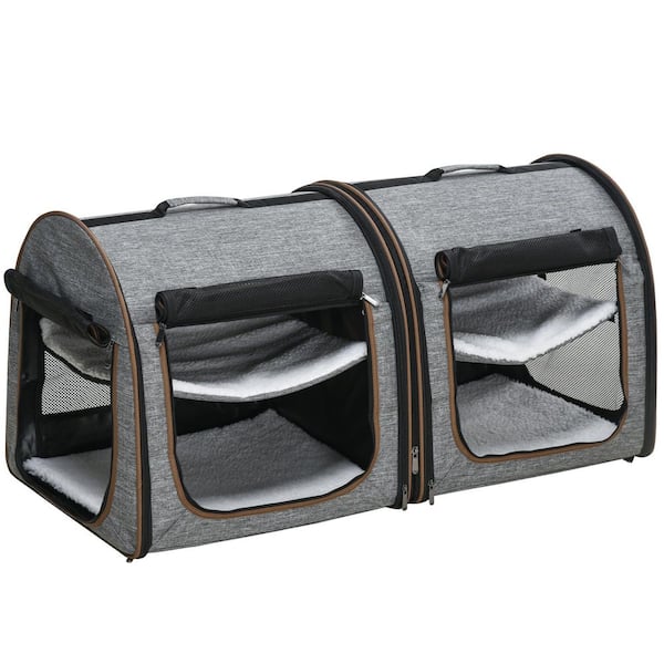 39 in. Portable Soft-Sided Pet Cat Carrier with Divider, 2 Compartments, Soft Cushions and Storage Bag, Gray
