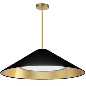 Padme 1-Light Aged Brass Shaded Integrated LED Pendant Light with Black/Gold Fabric Shade