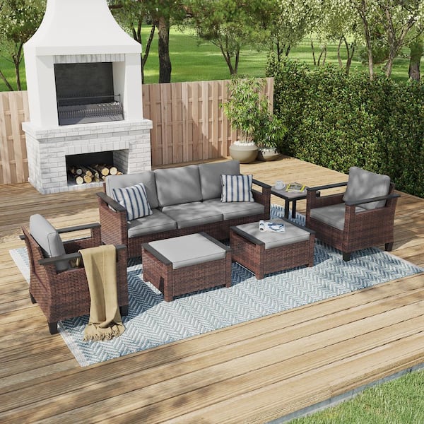 6 Pieces All-Weather PE Brown Wicker Patio Conversation Set with Side Table with Gray Cushion