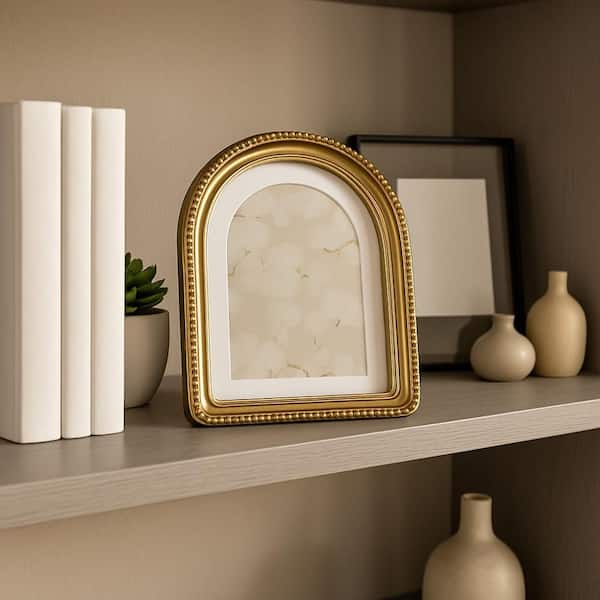 7 in. x 9 in. Gold Polyresin Decorative Beaded Arch Photo Frame with Mat