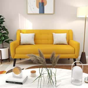 63 in.W Straight Arm Yellow Button Upholstered Loveseat Sofa With Two Pillows