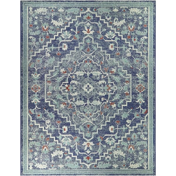 Blue 8 ft. x 10 ft. Traditional Medallion Indoor/Outdoor Area Rug