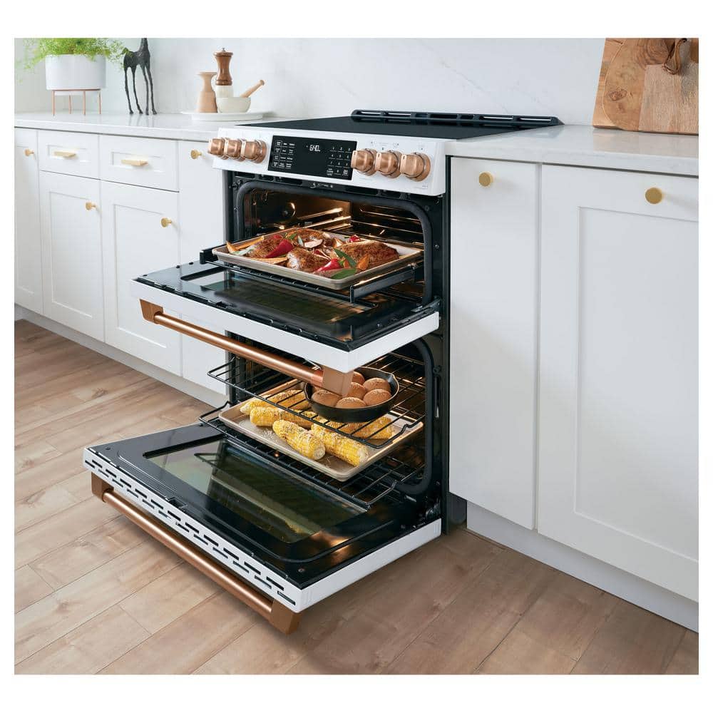 Matte White 30" Smart Double-Oven Induction Range with Convection