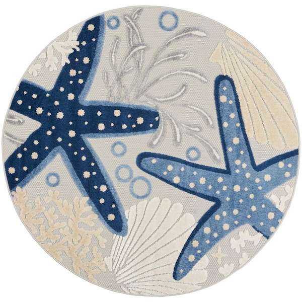 Nourison Aloha Blue/Gray 5 ft. x 5 ft. Round Nautical Contemporary Indoor/Outdoor Patio Area Rug