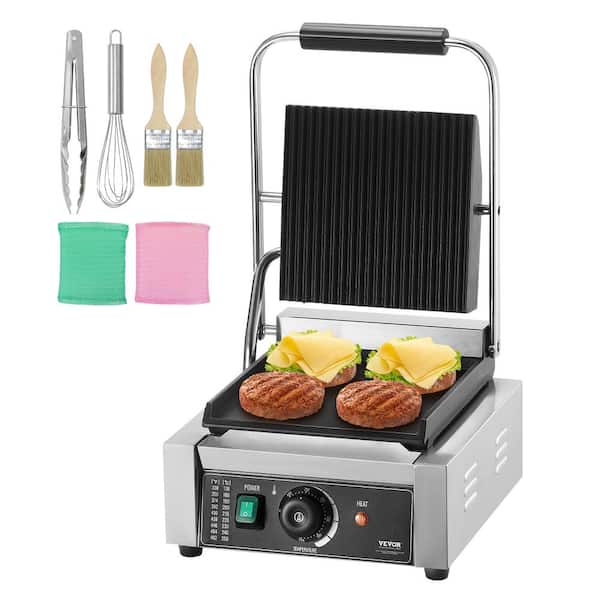 VEVOR Commercial Panini Grill 1,800-Watt Electric Sandwich Maker with Temp Control Flat Enamel Plate for Hamburger, Silver