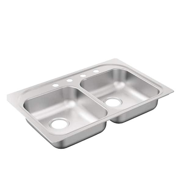 MOEN 2000 Series Drop-In Stainless Steel 33 in. 4-Hole Double Bowl Kitchen Sink with QuickMount